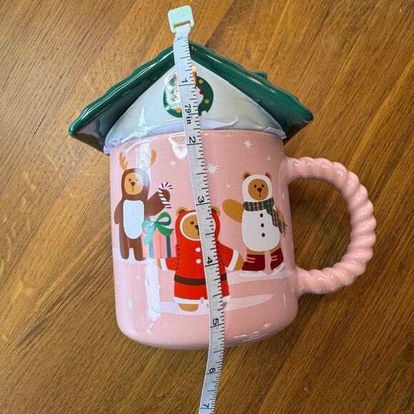 STARBUCKS 2025 Holiday Bear House Mug Roof Lid 14oz Limited Edition Pink Green - Picture 6 of 7
